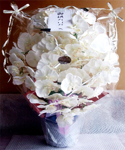 光触媒 造花 胡蝶蘭アレンジ特大サイズ陶器仕様D(7本立ち・ホワイトイエロー・仏仕様)